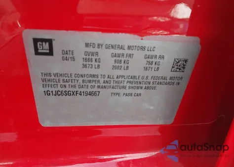 2015 Chevrolet Sonic Lt Auto из США, поврежденный, VIN 1G1JC6SGXF4194667